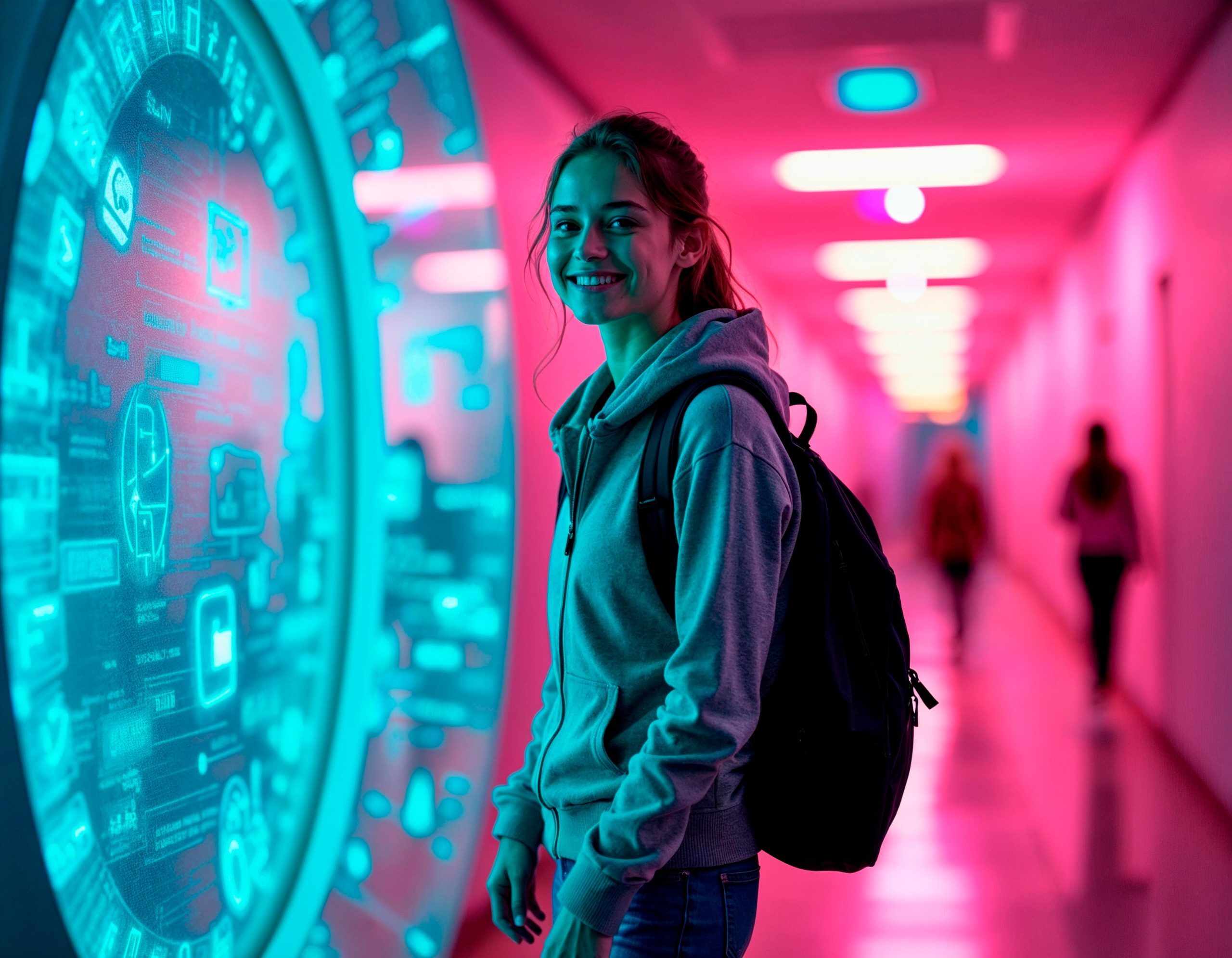 girl-with-backpack-stands-hallway-with-clock-wall