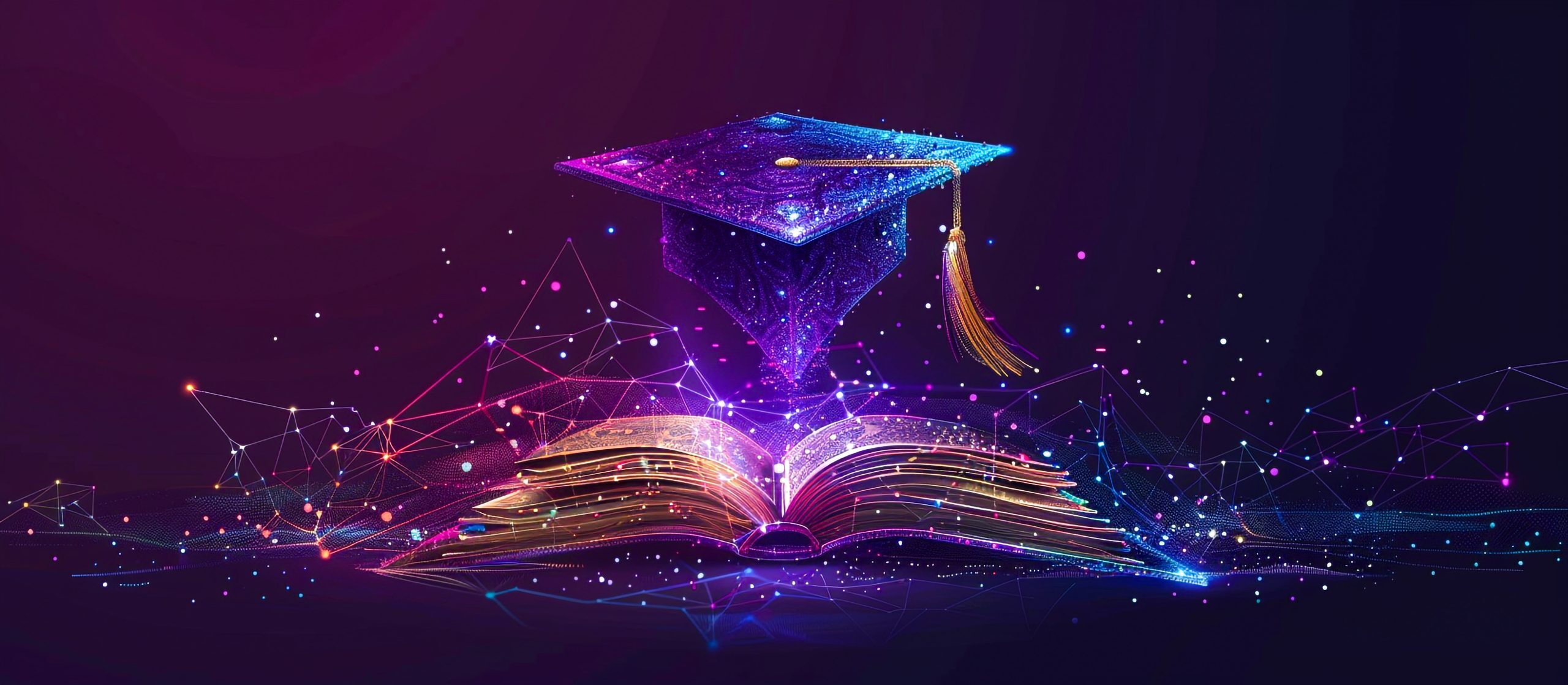 futuristic-education-with-open-book-graduation-cap-globe-earth-dark-background