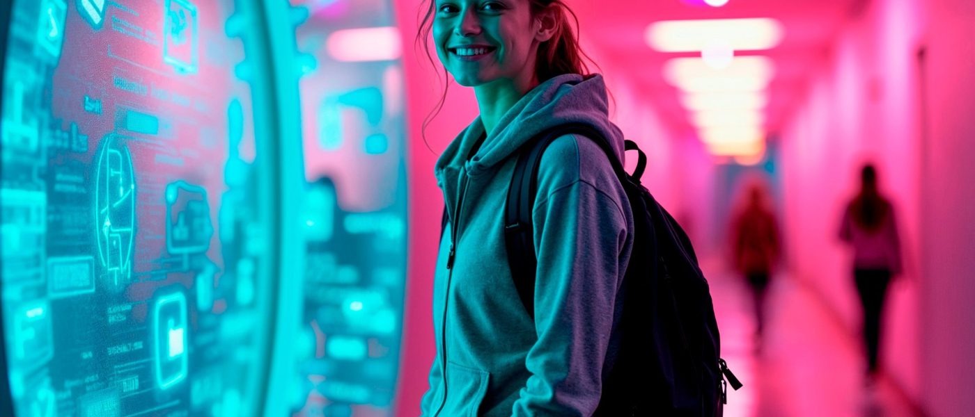 girl-with-backpack-stands-hallway-with-clock-wall